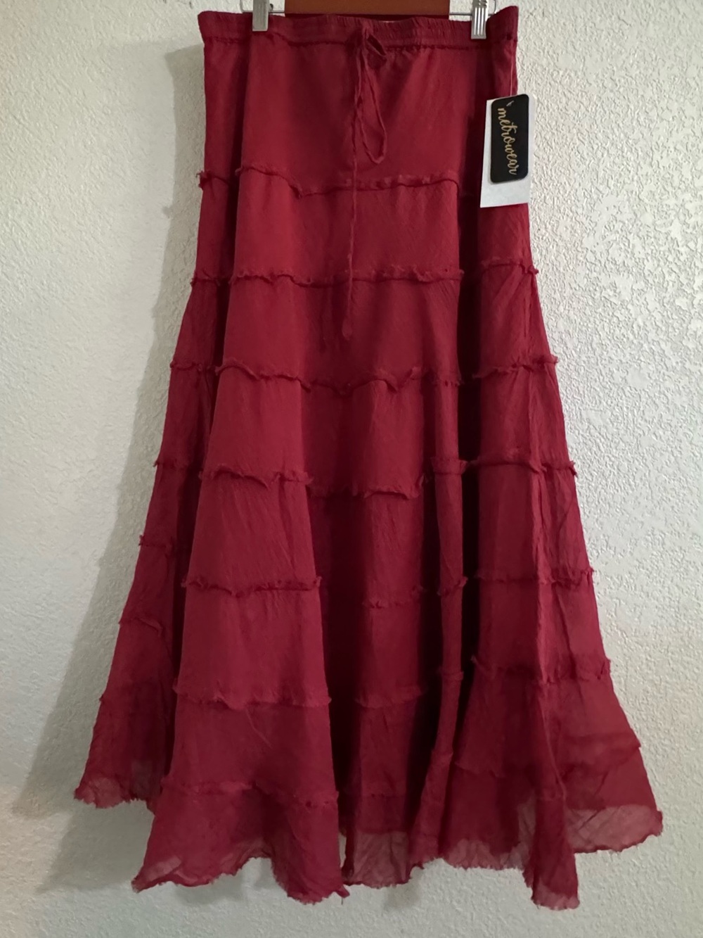 Metro Wear New York design Flowing ultra Tiered Maxi Skirt ,Wine Red,lined,gauzy